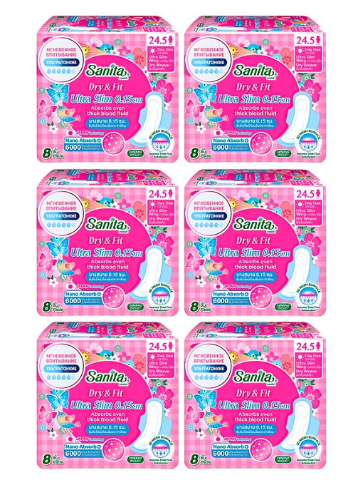 SANITA Dry&Fit Ultra Slim Супервпитывающие ультратонкие гигиенические прокладки 24.5 см, 8 шт, 6 упаковок SANITA Dry&Fit Ultra Slim Супервпитывающие ультратонкие гигиенические прокладки 24.5 см, 8 шт, 6 упаковок