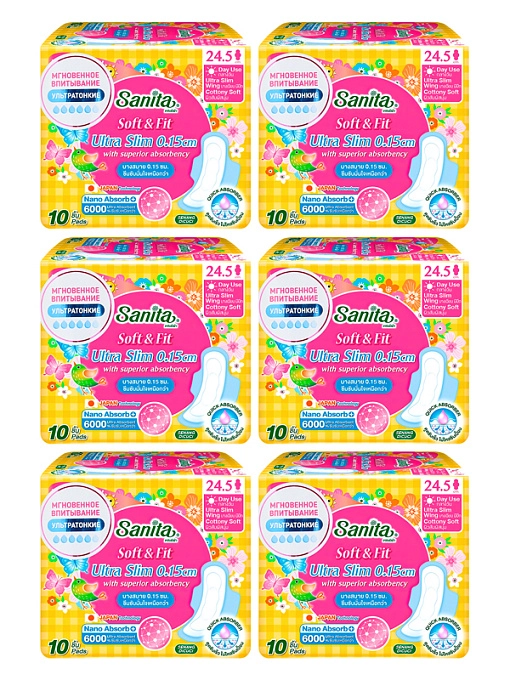 SANITA Soft&Fit Ultra Slim Ультратонкие гигиенические прокладки 24.5 см, 10 шт, 6 упаковок  SANITA Soft&Fit Ultra Slim Ультратонкие гигиенические прокладки 24.5 см, 10 шт, 6 упаковок