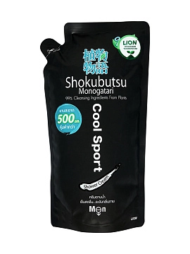 LION Shokubutsu Мужской освежающий крем-гель для душа с экстрактом солода, 500 мл (сменный блок)
